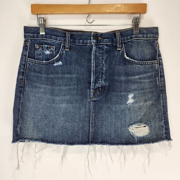 J Brand Bonny Mid Rise Mini Denim Skirt Womens Size 27 Distressed Button Fly - Picture 1 of 12